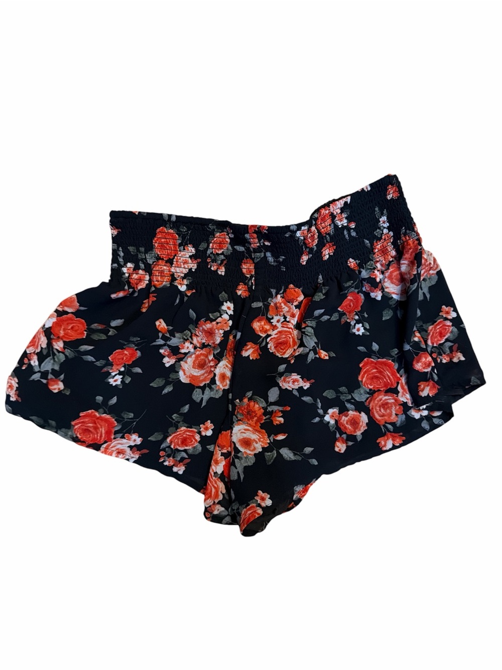 Black Floral Short Shorts with Red Rose Print